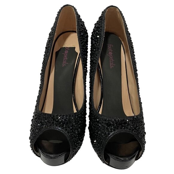 Black Rhinestone Peep-Toe Stiletto Heels Womens Size 7 By Foot Pedals - Picture 2 of 8